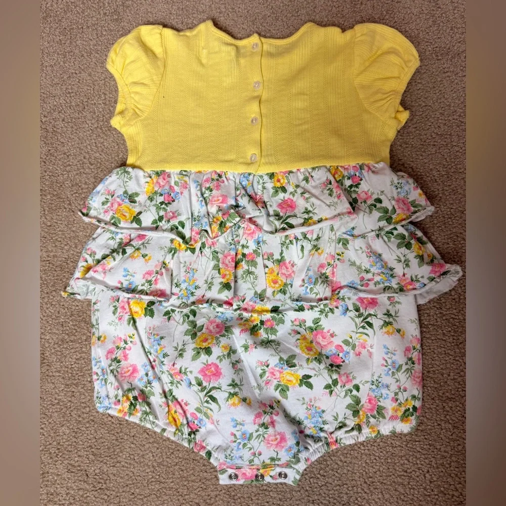 Ralph Lauren Baby Girls 24M Yellow Floral Ruffle‎ Bubble Romper Dress Pony Logo